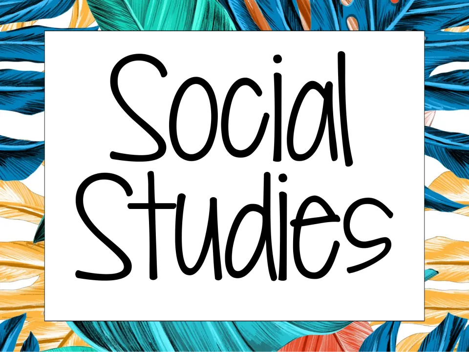 Subject heading poster reading “Social Studies” introduces the subject of the classroom standards display.