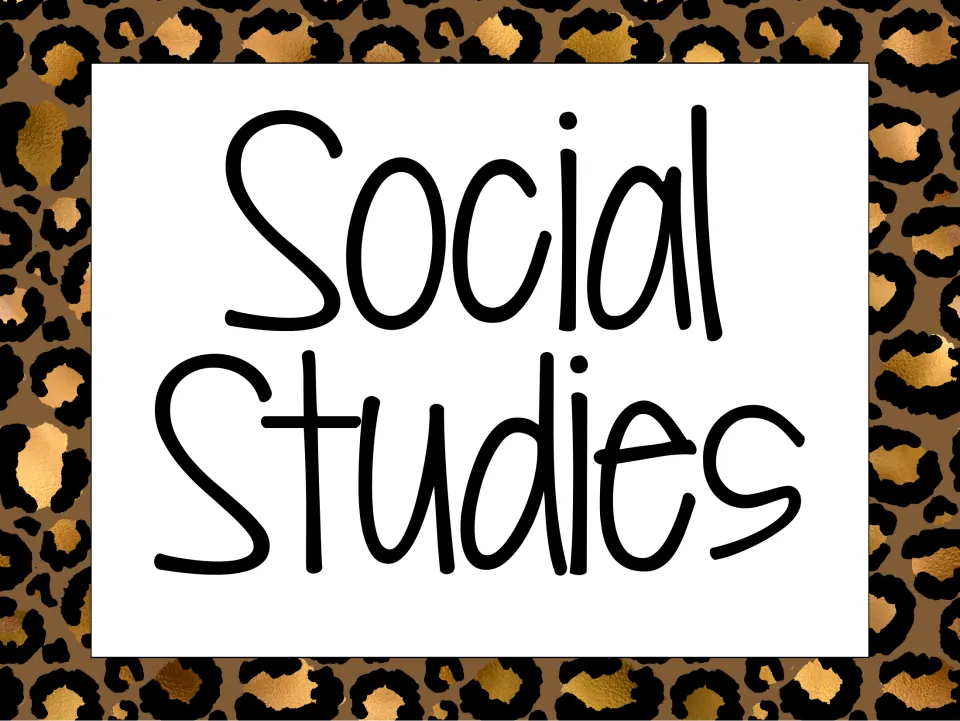 Social Studies subject header card in large hand-lettered type, used to label where the standards display begins