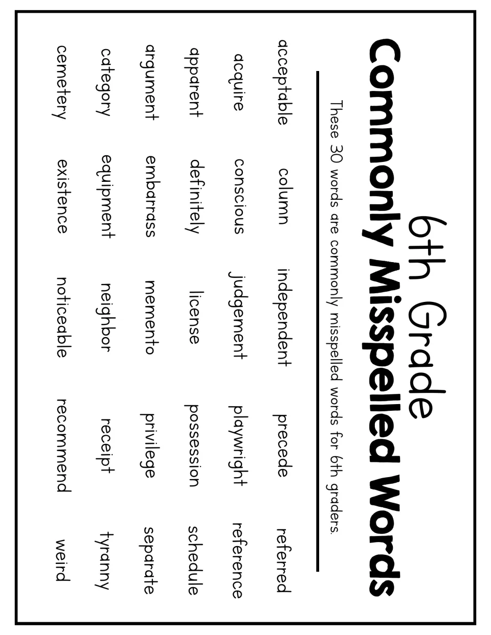 6th grade commonly misspelled words list of 30 words, including acceptable, conscious, embarrass, privilege and tyranny