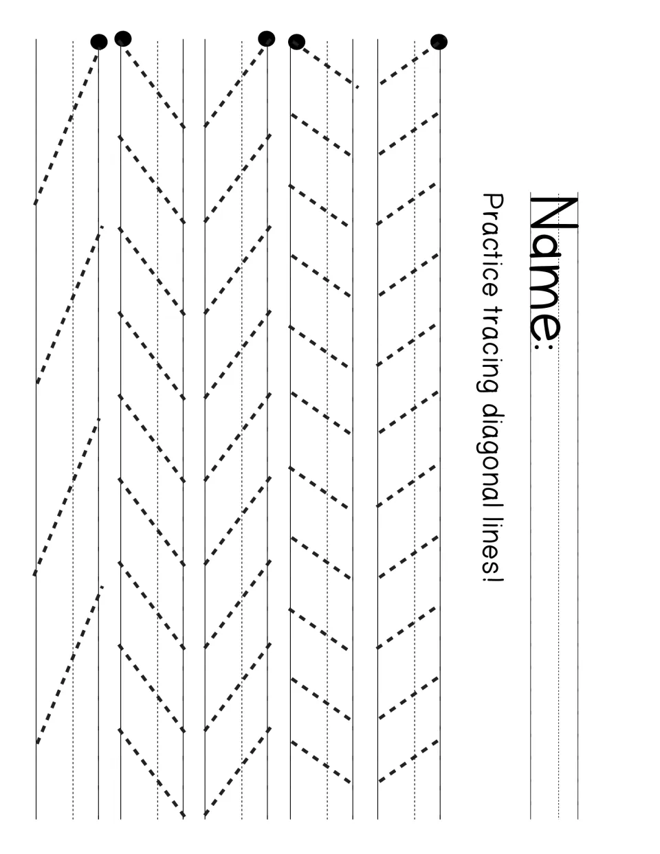Diagonal line tracing: students trace dashed slanted strokes and chevron patterns, starting at the dot on each of 5 rows