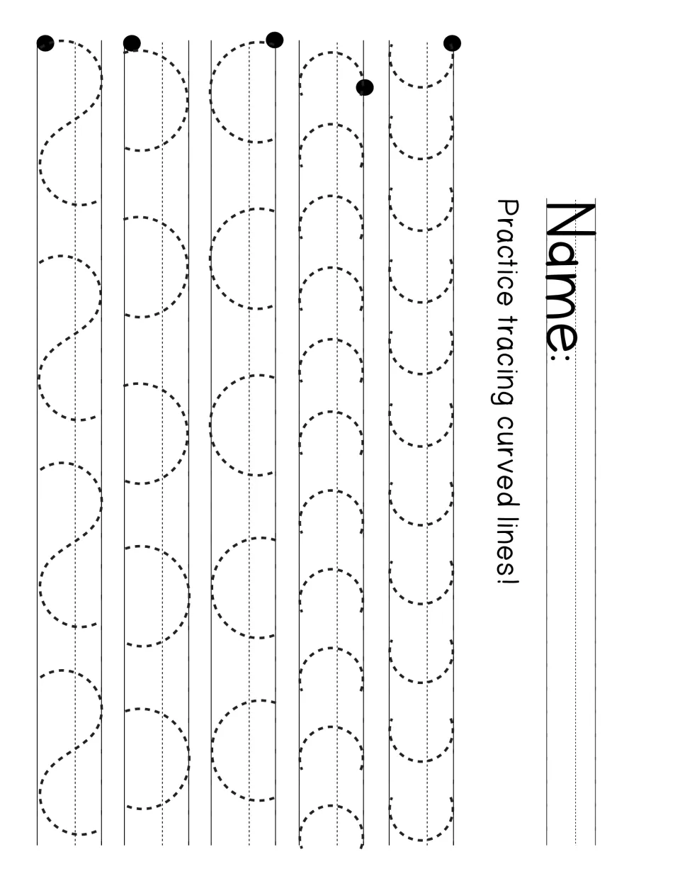 Curved line tracing: students trace dashed arcs, full circles and S-shaped waves, each beginning at a start dot