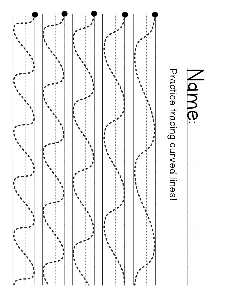 Wavy line tracing: students follow dashed waves that get tighter row by row, starting from the dot on the left