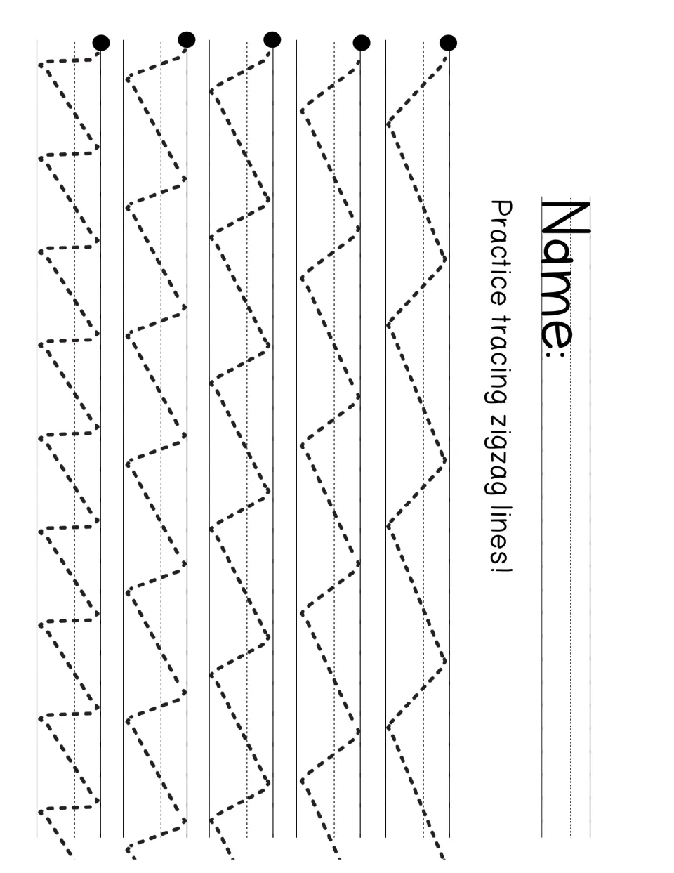 Zigzag line tracing: students trace dashed zigzags that narrow from row to row to practise sharp changes of direction