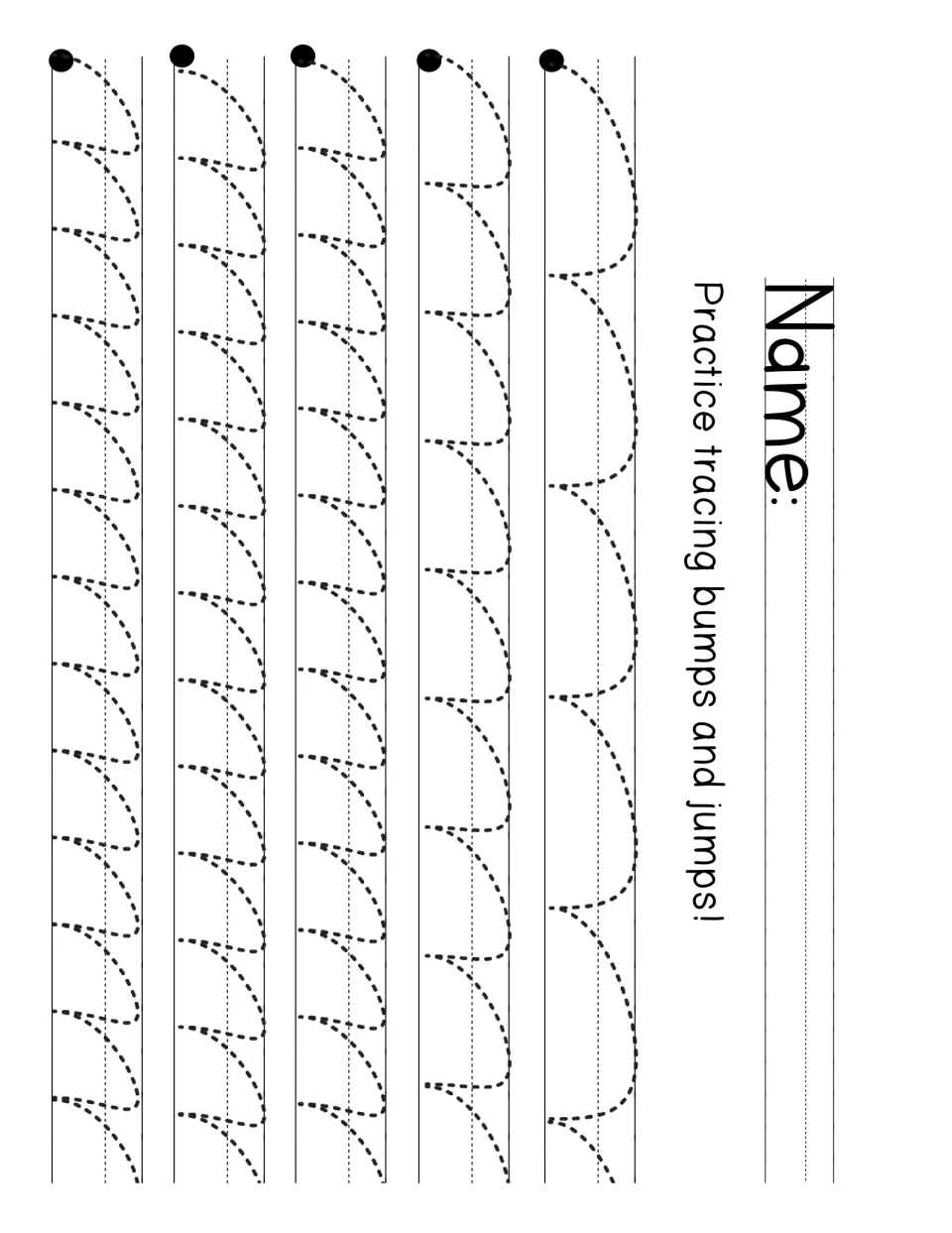 Bumps and jumps tracing: students follow dashed hooked strokes from a start dot, repeating the shape across each row