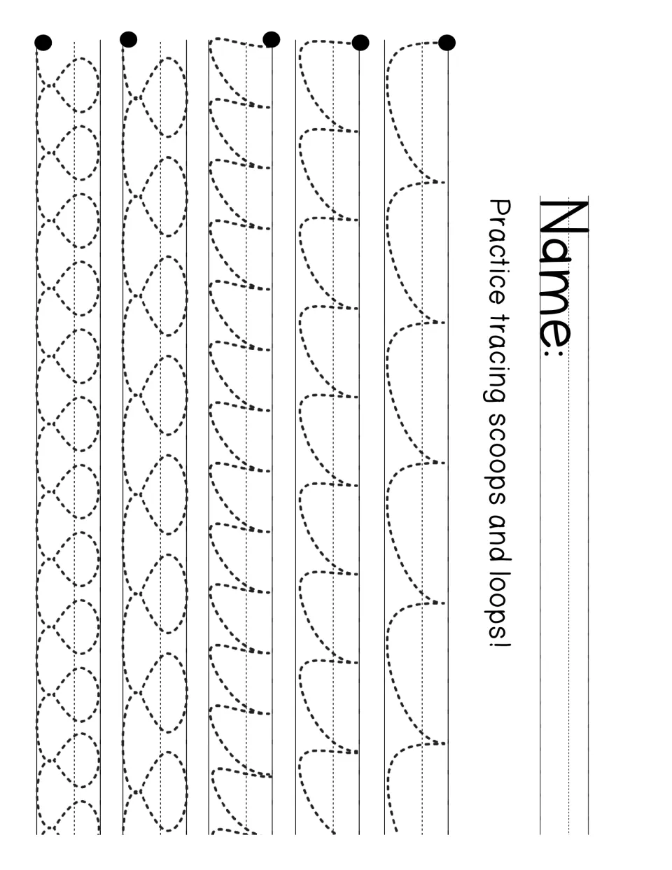 Scoops and loops tracing: students trace dashed scoop curves, then chains of connected loops, from each start dot