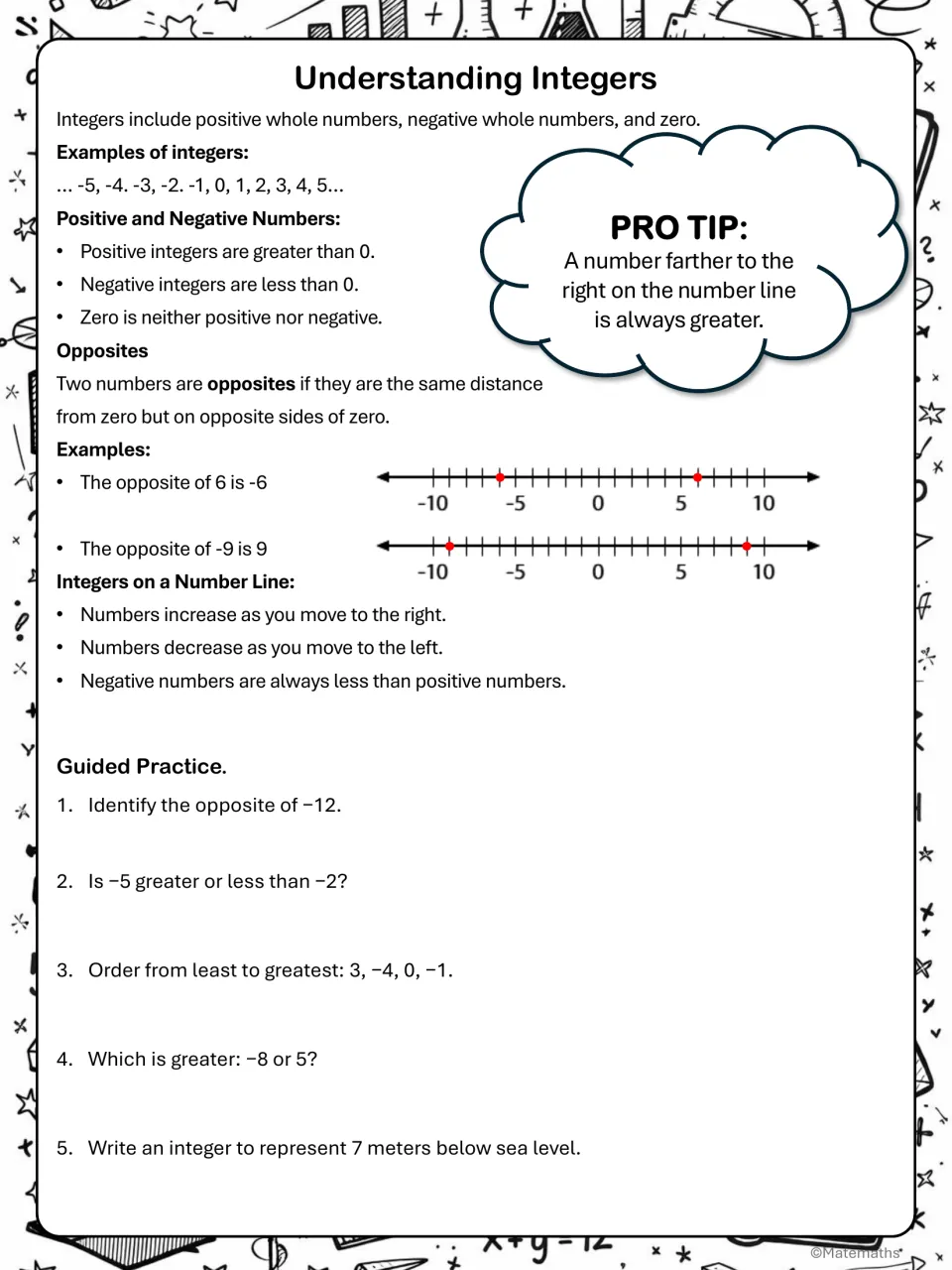 Understanding Integers notes on opposites and number lines, then 5 practice items on comparing and ordering integers