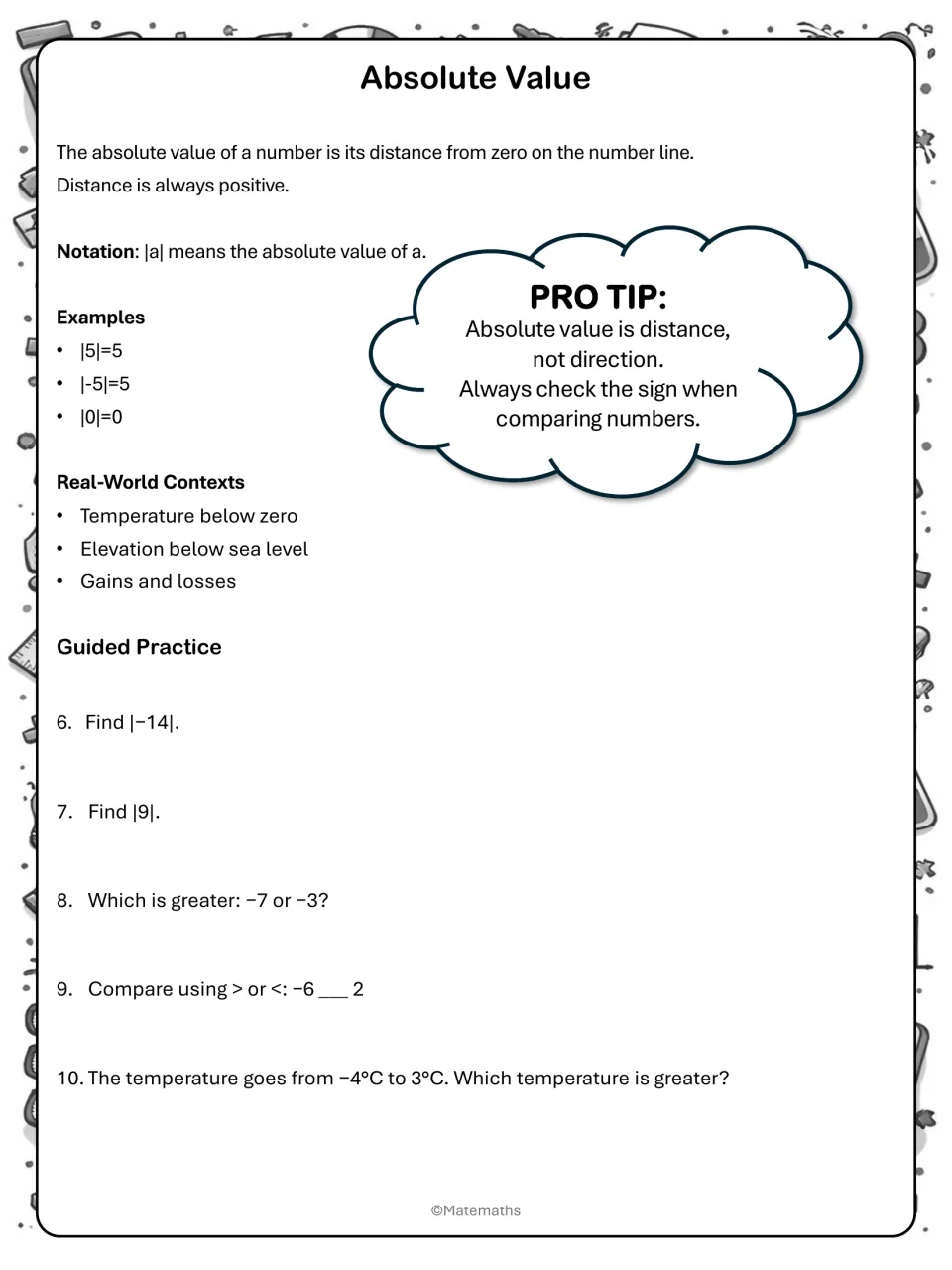 Absolute value notes defining |a| as distance from zero, with examples and real-world contexts, then practice items 6-10