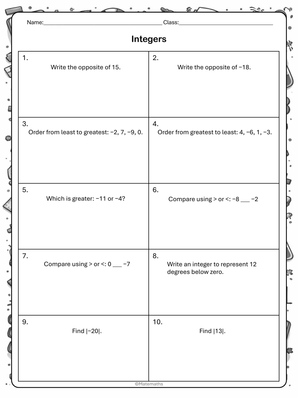 Integers practice 1-10: students write opposites, order integers, compare with > or <, and find absolute values like |-20|
