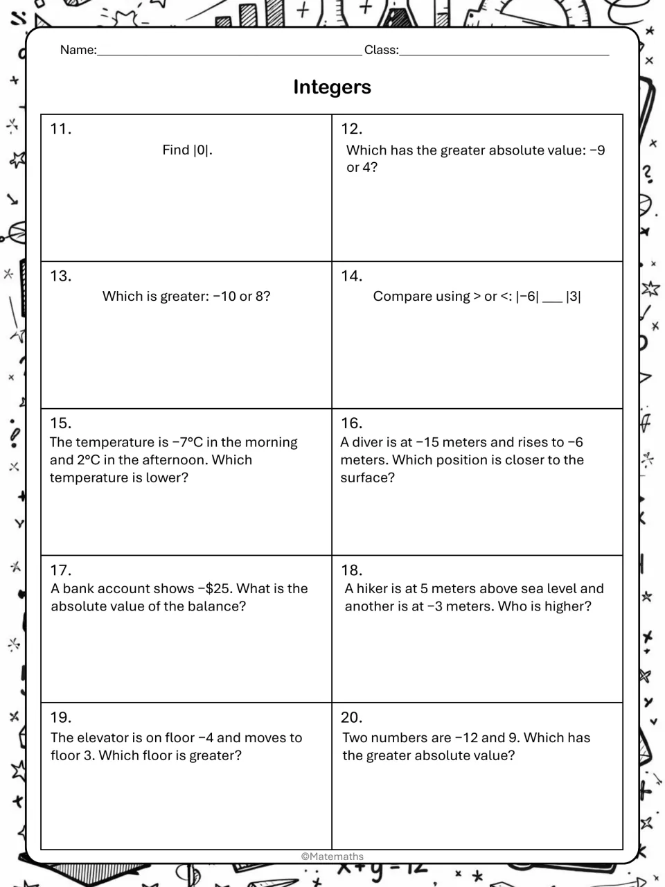 Integers practice 11-20: absolute value comparisons and word problems on temperature, a diver, a bank balance and elevation