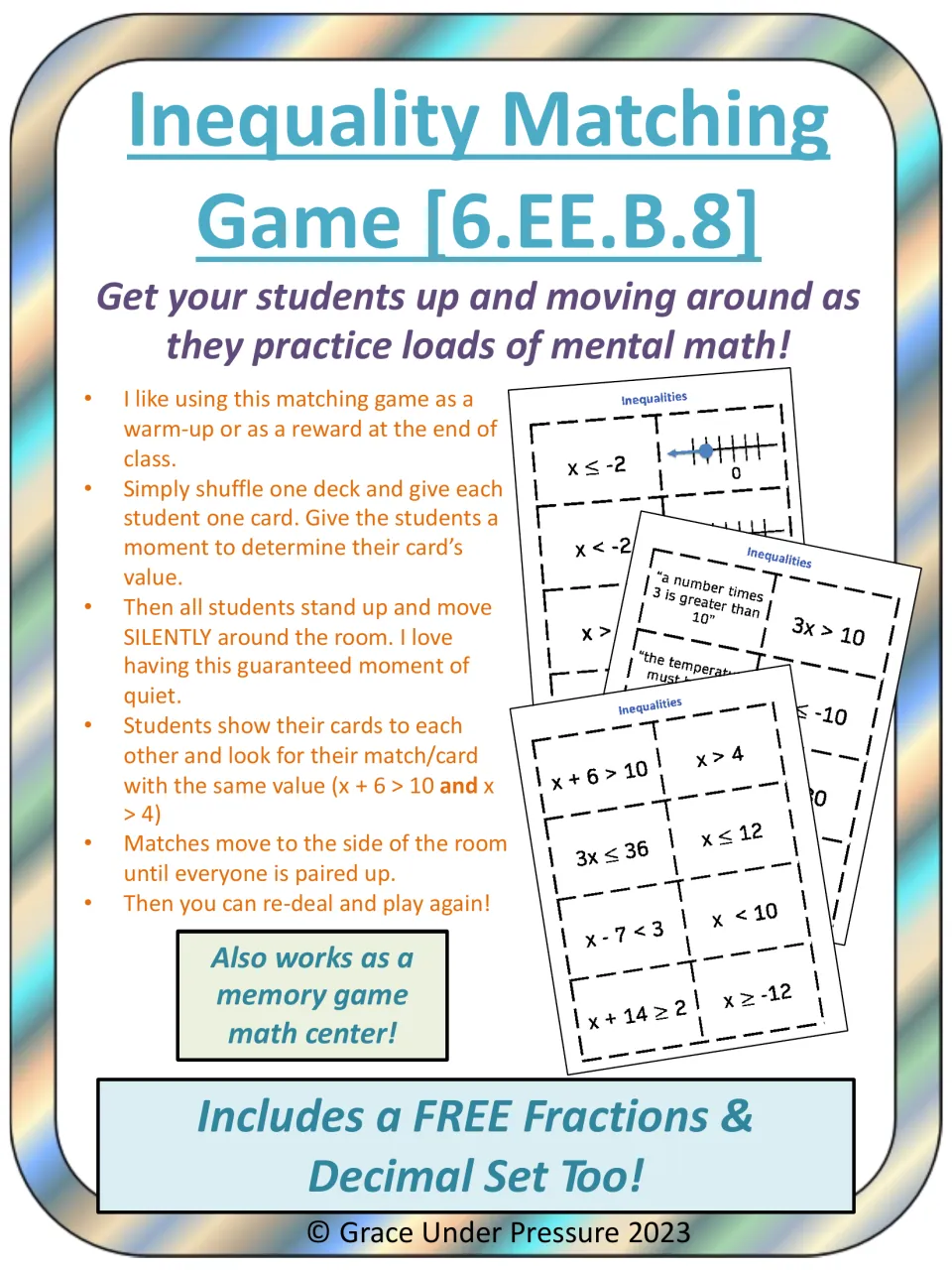 Inequality Matching Game [6.EE.B.8] cover: silent card-matching directions plus a bonus fractions and decimals set