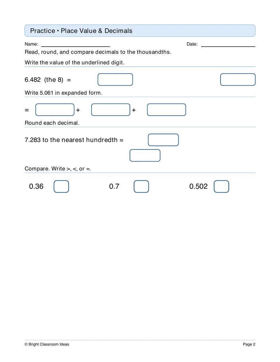 Place value and decimals: students name a digit's value, write 5.061 in expanded form, round and compare decimals