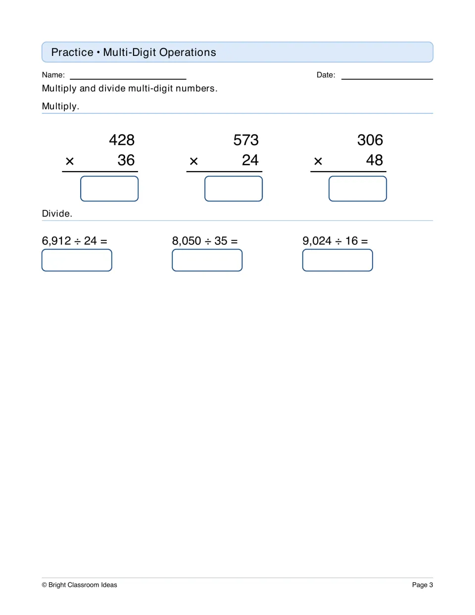 Multi-digit operations: students multiply 428 × 36, 573 × 24, 306 × 48 and divide 6,912 ÷ 24 and two more quotients
