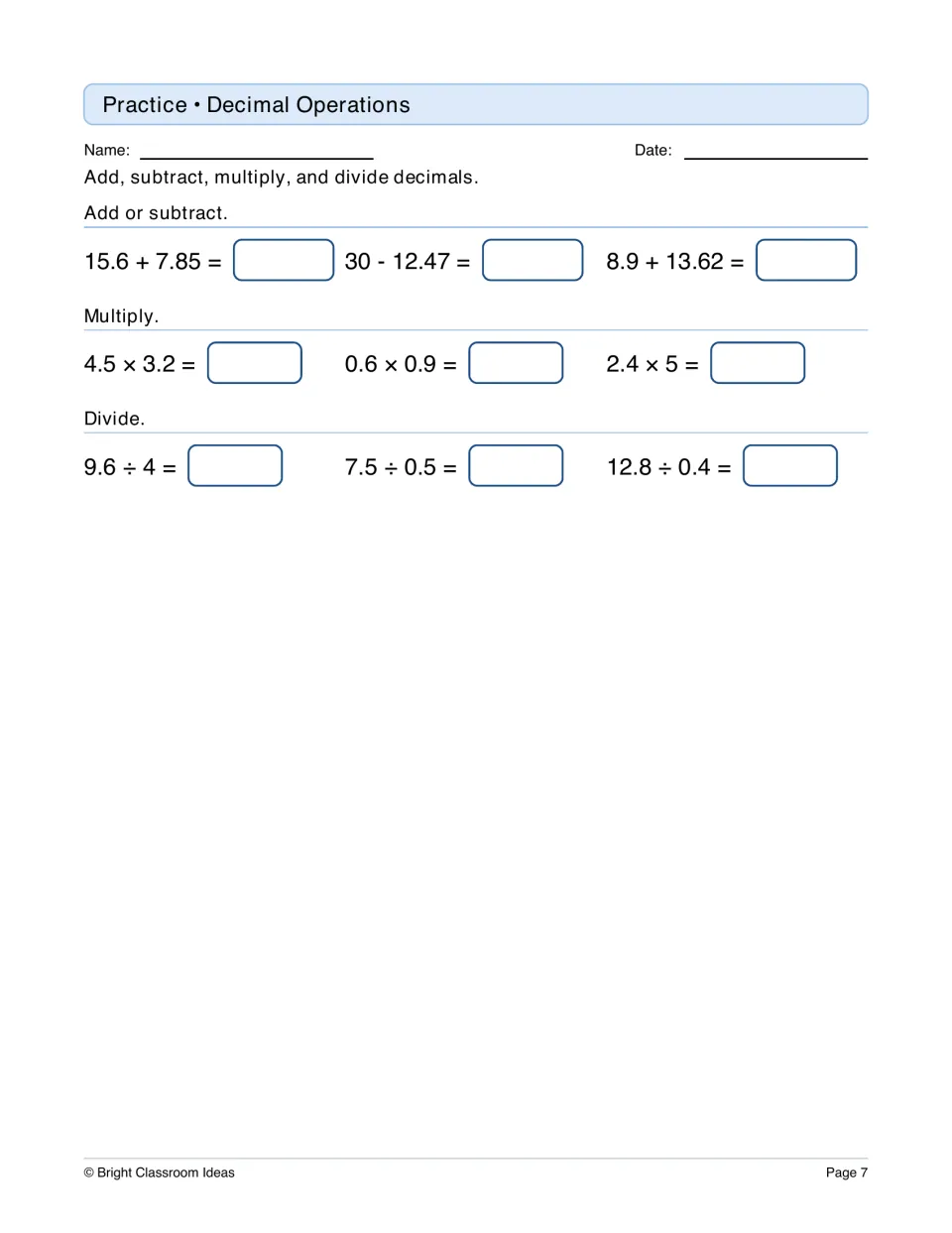 Decimal operations: students add 15.6 + 7.85, subtract from 30, multiply 4.5 × 3.2 and divide 12.8 ÷ 0.4 and more