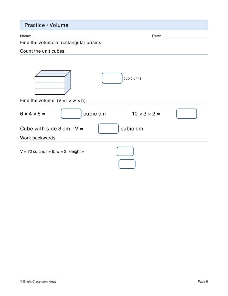 Volume of rectangular prisms: students count unit cubes, use V = l × w × h, find a cube's volume and work back to height
