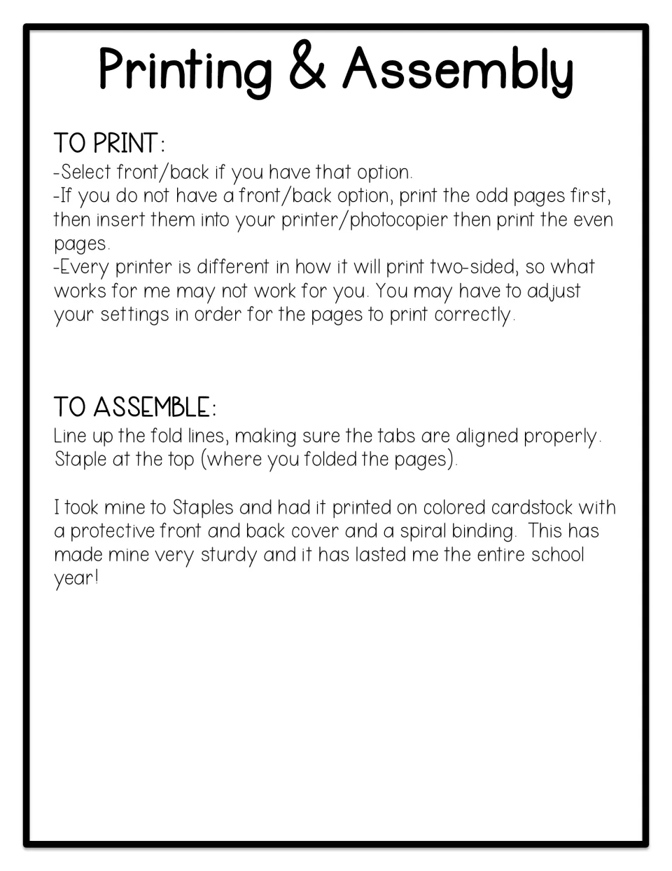 Printing and assembly directions: print two-sided, line up the fold lines and tabs, then staple the flip chart at the top