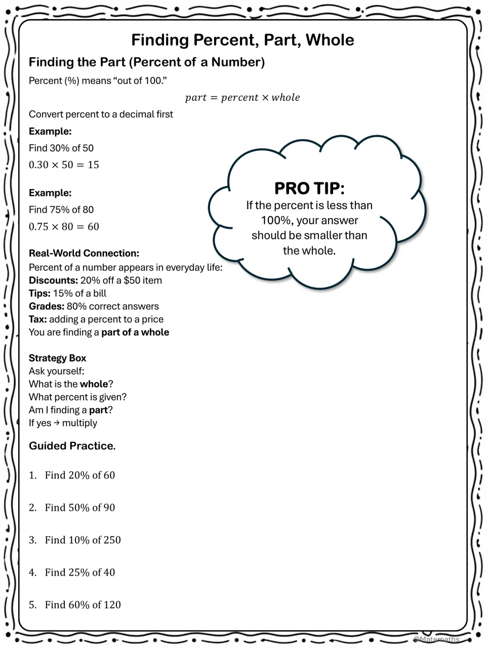 Finding the part: notes on part = percent × whole with worked examples, real-world uses and five guided practice items