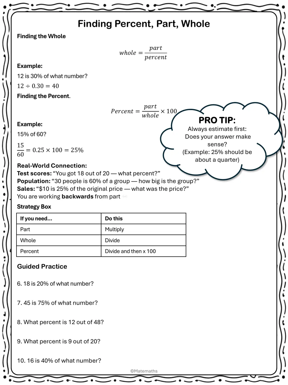 Finding the whole and the percent: formulas, worked examples and a strategy table, then five guided practice problems
