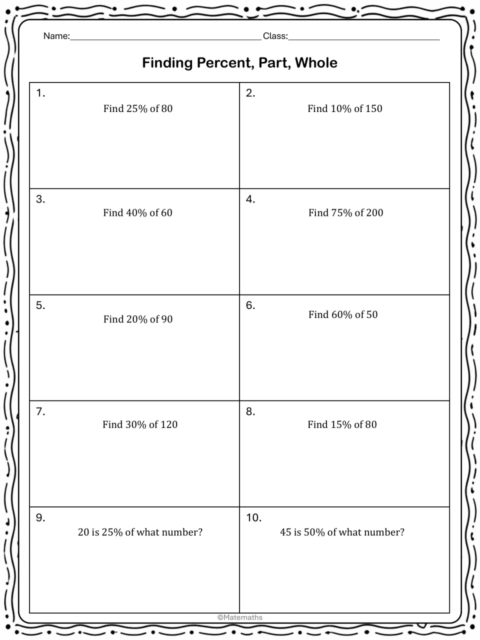 Percent practice: students find percents of numbers such as 25% of 80, then solve two find-the-whole questions, 10 in all