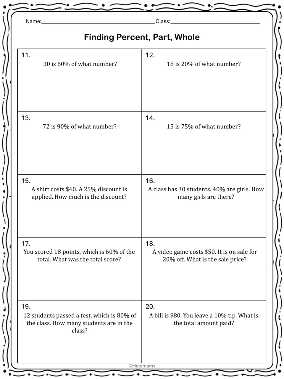 Missing whole and percent word problems: items 11 to 20 cover discounts, sale prices, test scores and a 10% tip