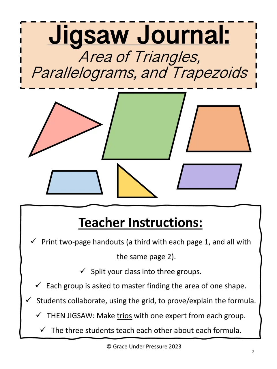 Jigsaw Journal teacher steps: three groups master area of triangles, parallelograms or trapezoids, then teach in trios