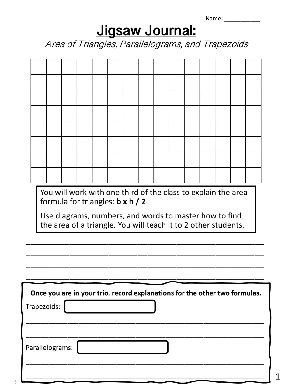 Triangle expert sheet: students explain the area formula b x h / 2 with diagrams, then record trio notes on other shapes