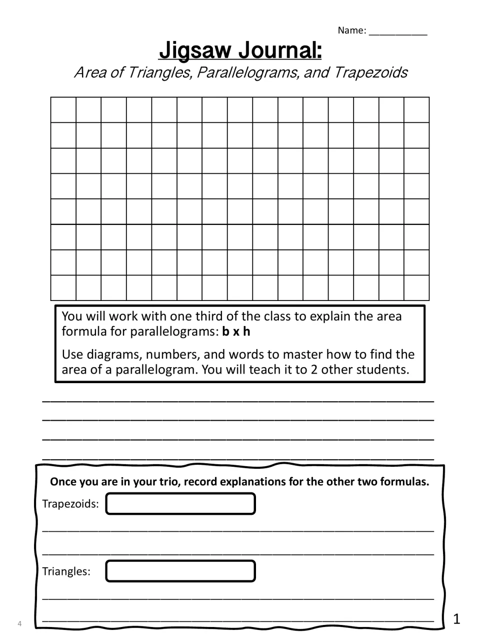Parallelogram expert sheet: students prove the area formula b x h, then note triangle and trapezoid formulas