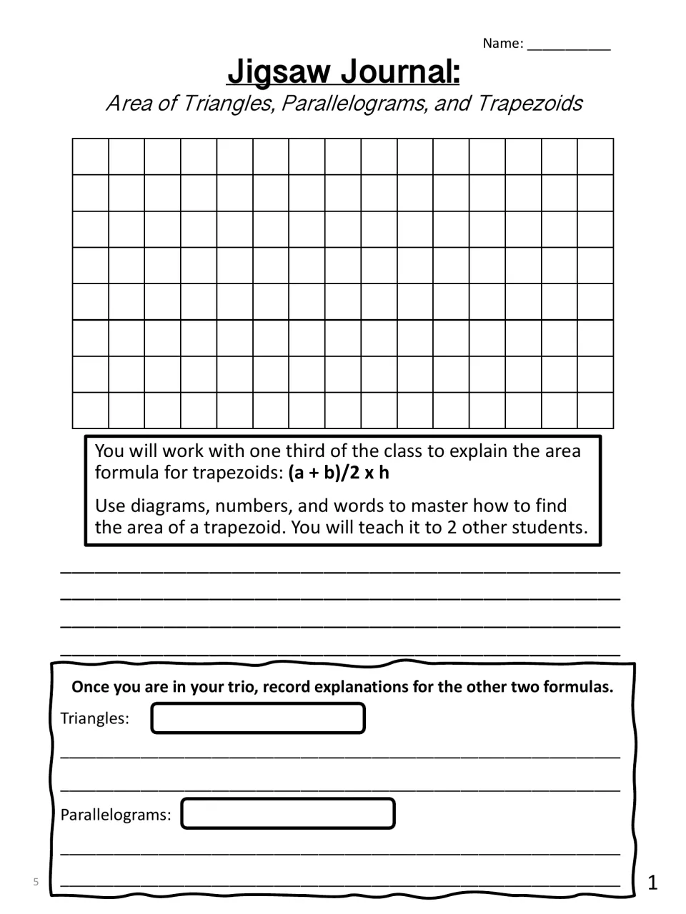 Trapezoid expert sheet: students explain the area formula (a + b)/2 x h, then record what trio partners teach them