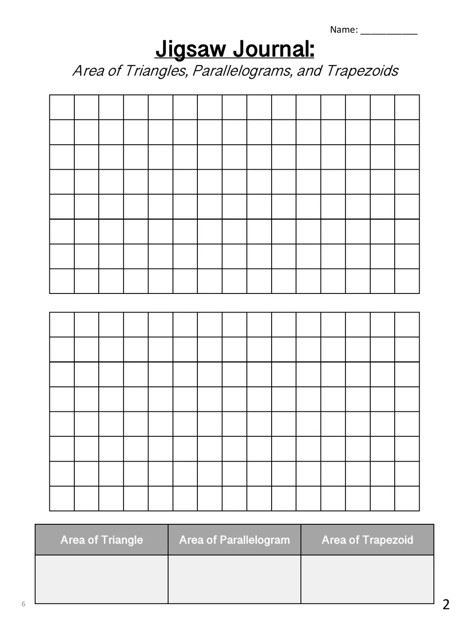 Jigsaw Journal page 2: students sketch shapes and record the area of a triangle, parallelogram and trapezoid in a chart