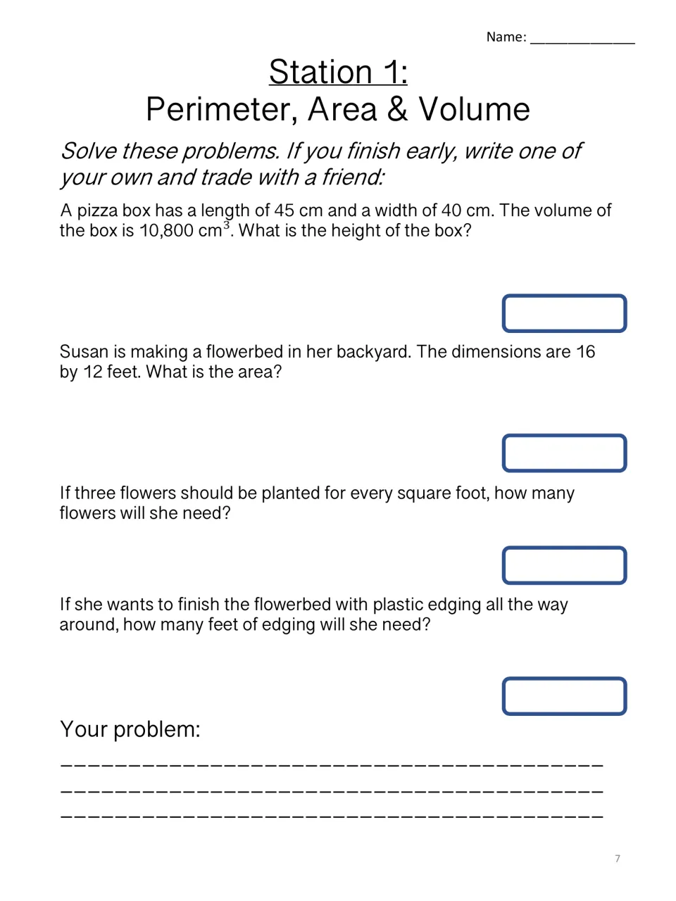 Station 1 word problems: find a pizza box height from its volume, then flowerbed's area, flower count and edging perimeter