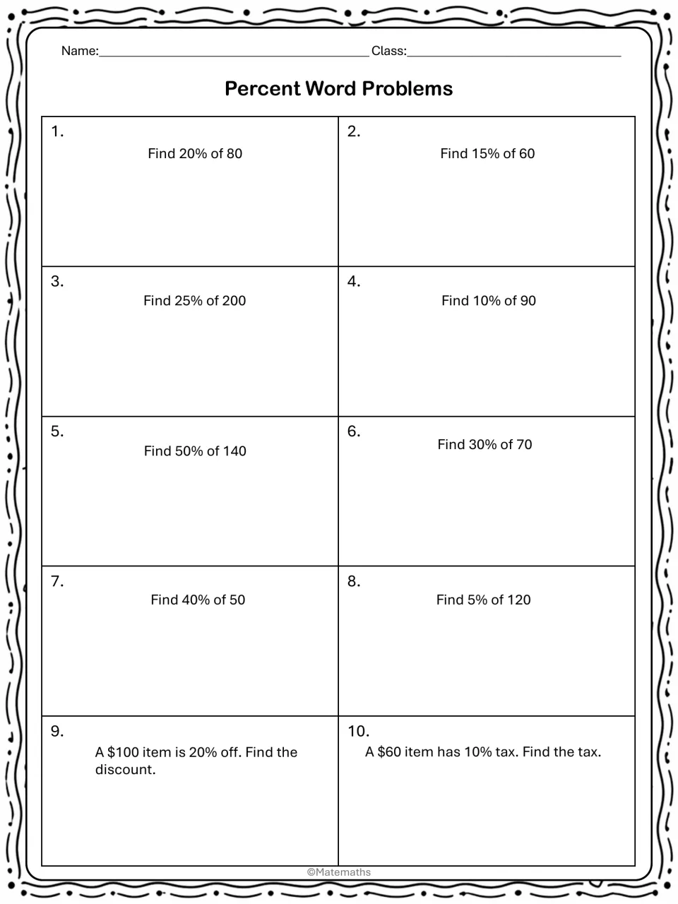 Percent of a number practice: students find 20% of 80, 15% of 60 and six more, then solve a 20% discount and a 10% tax