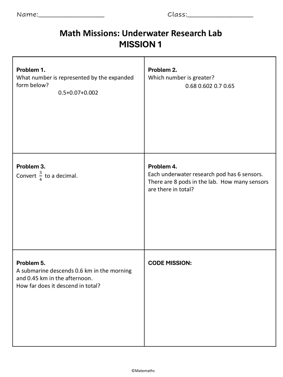 Mission 1 (underwater lab): students write 0.5+0.07+0.002 in standard form, compare decimals, convert 3/4, multiply