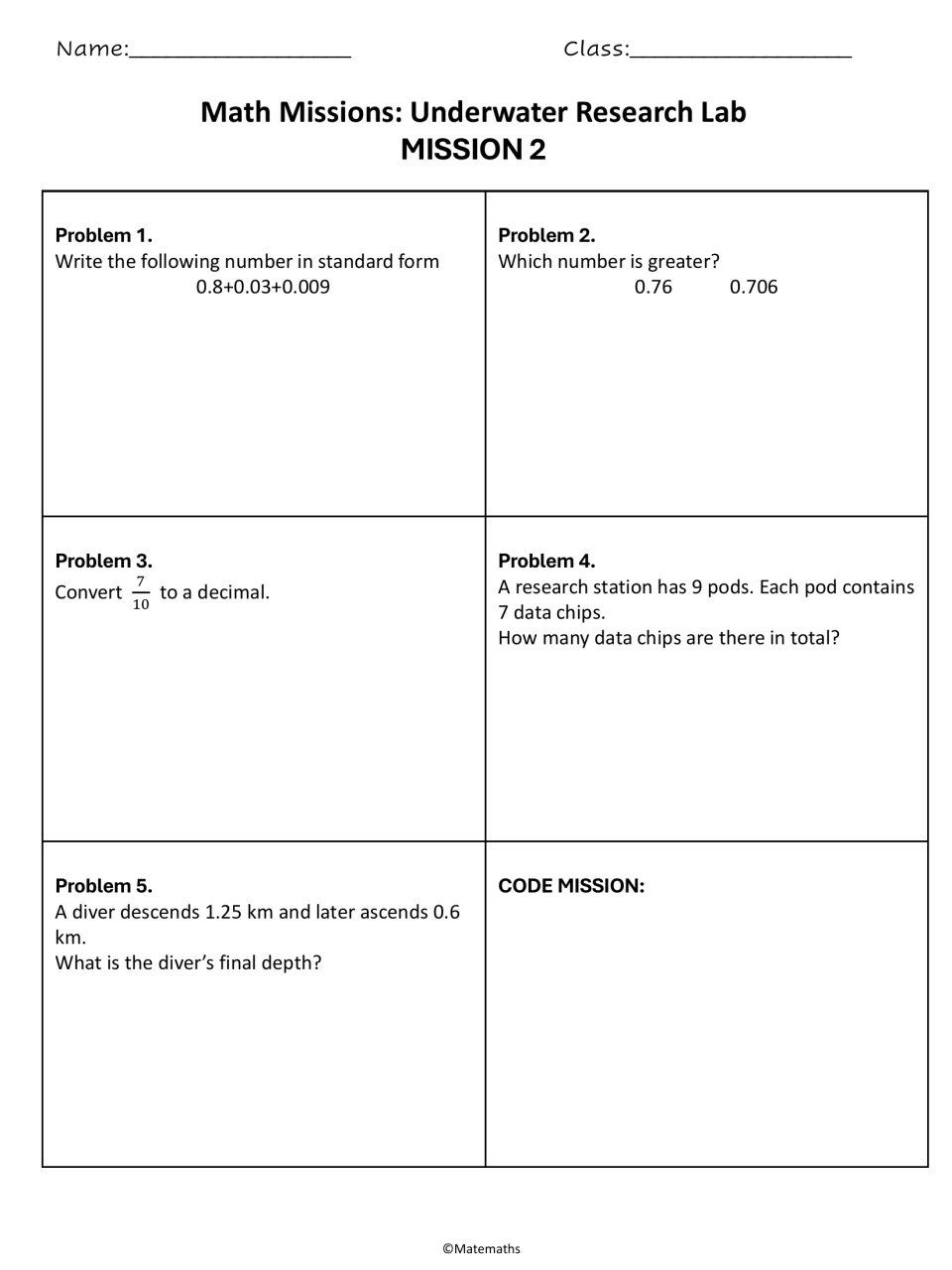 Mission 2: students write 0.8+0.03+0.009 in standard form, compare 0.76 and 0.706, convert 7/10, solve 2 word problems