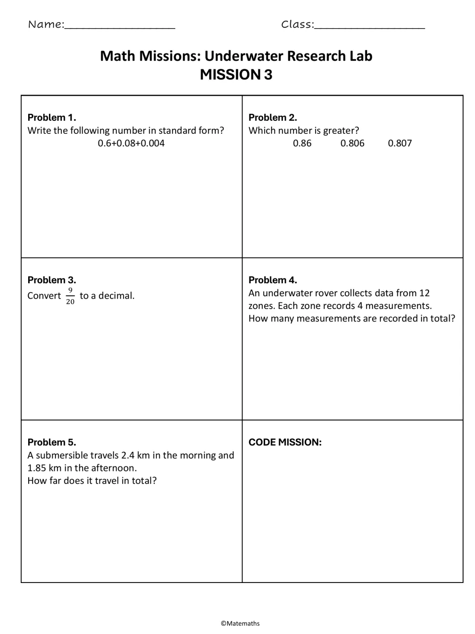 Mission 3: students write 0.6+0.08+0.004 in standard form, pick the greatest of 3 decimals, convert 9/20, add distances