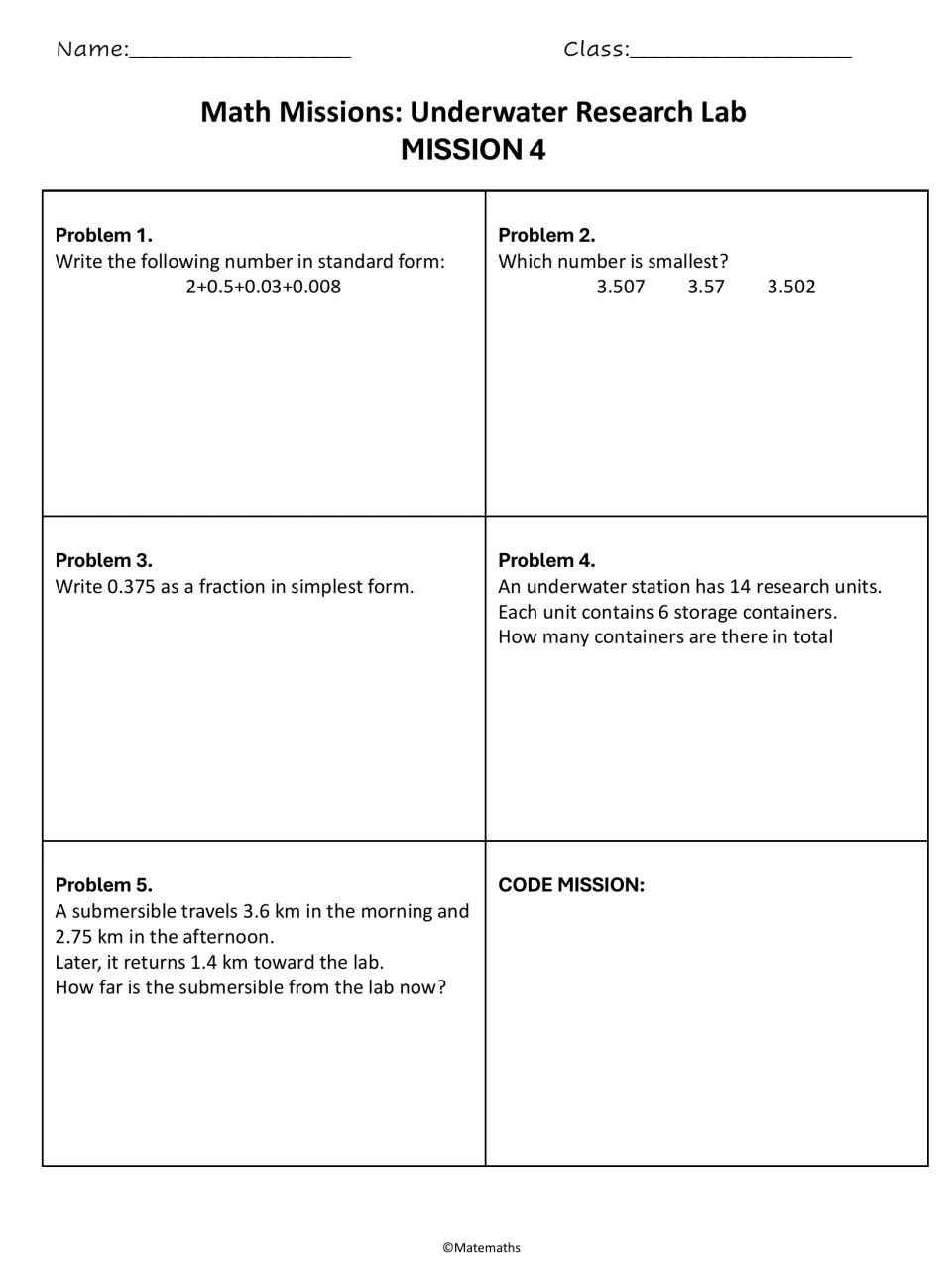 Mission 4: students write 2+0.5+0.03+0.008 in standard form, pick the least decimal, write 0.375 as a fraction, multiply