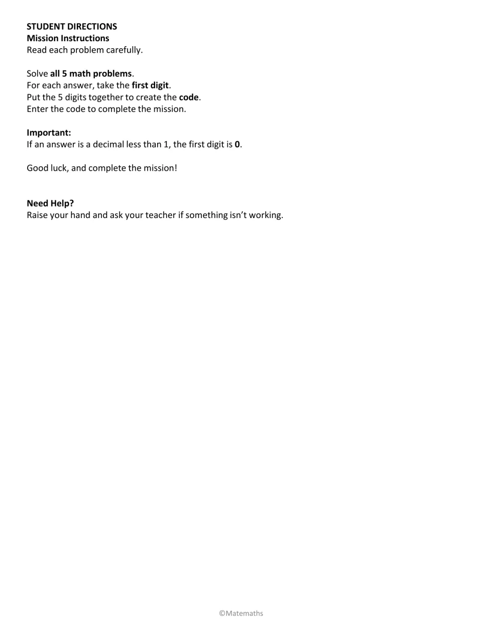 Student directions for math missions: solve five problems and use each answer's first digit in the code