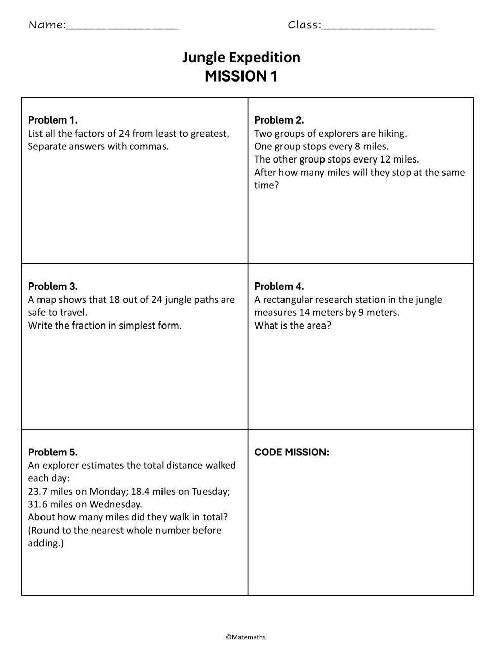 Mission 1 math practice: factors of 24, hiking stops, simplifying 18/24, rectangle area, and estimation
