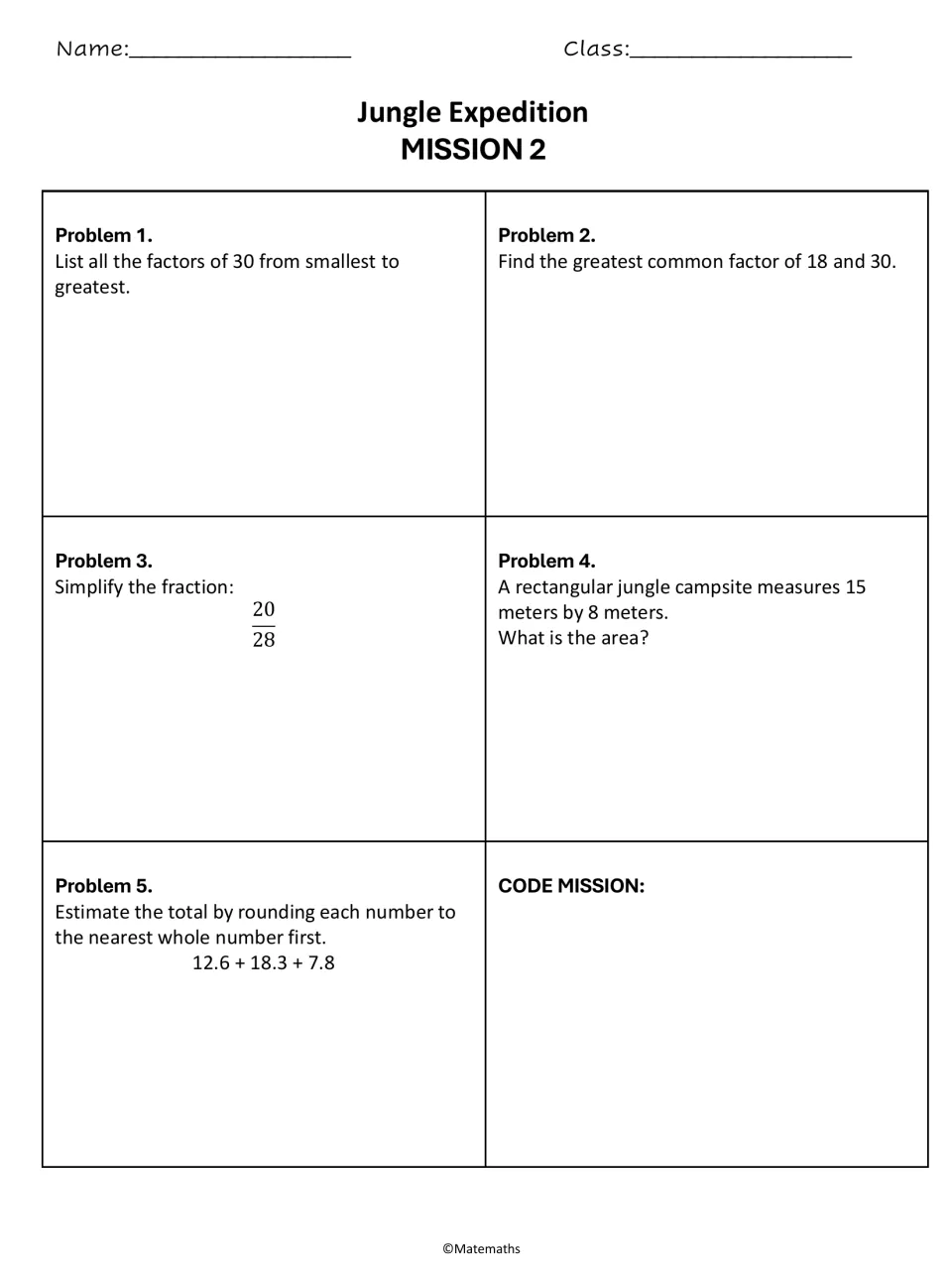 Mission 2 math practice: factors of 30, GCF of 18 and 30, simplifying 20/28, area, and estimating a sum