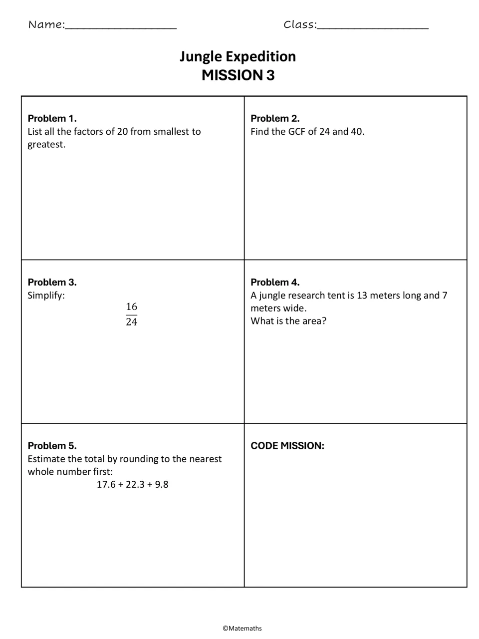 Mission 3 math practice: factors of 20, GCF of 24 and 40, simplifying 16/24, tent area, and estimation