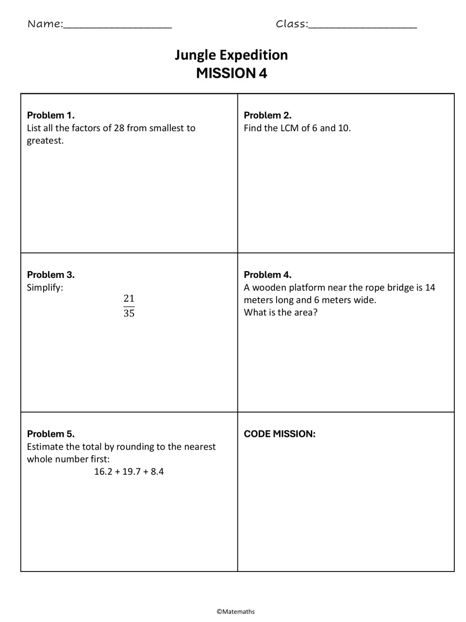 Mission 4 math practice: factors of 28, LCM of 6 and 10, simplifying 21/35, platform area, and estimation