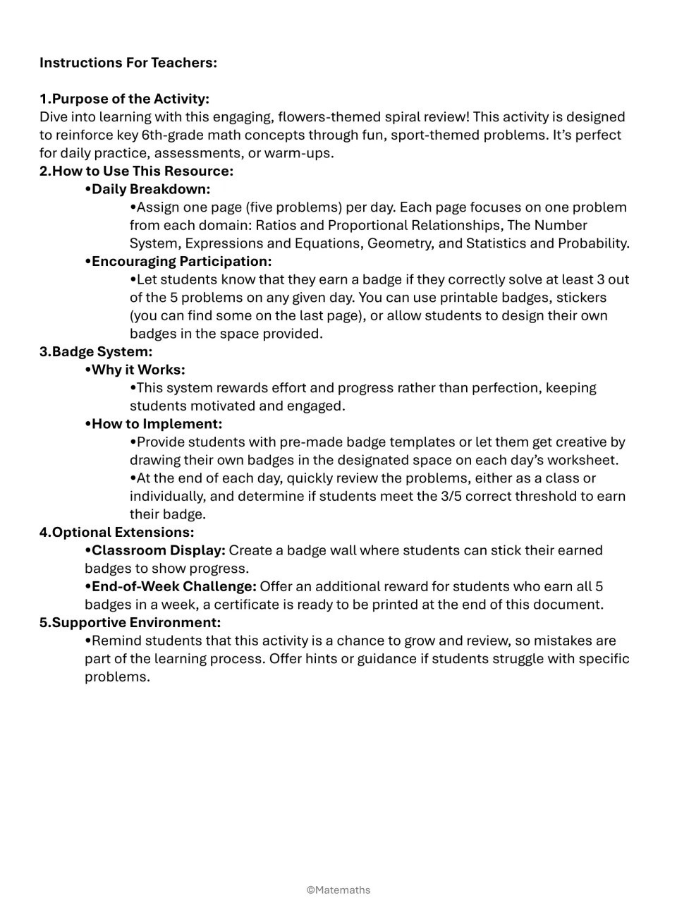 Teacher instructions: assign five problems a day, one per math domain; students earn a badge for 3 of 5 correct
