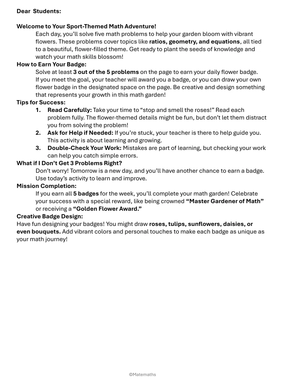 Dear Students letter: how to earn a daily flower badge, tips for success and drawing your own badge designs