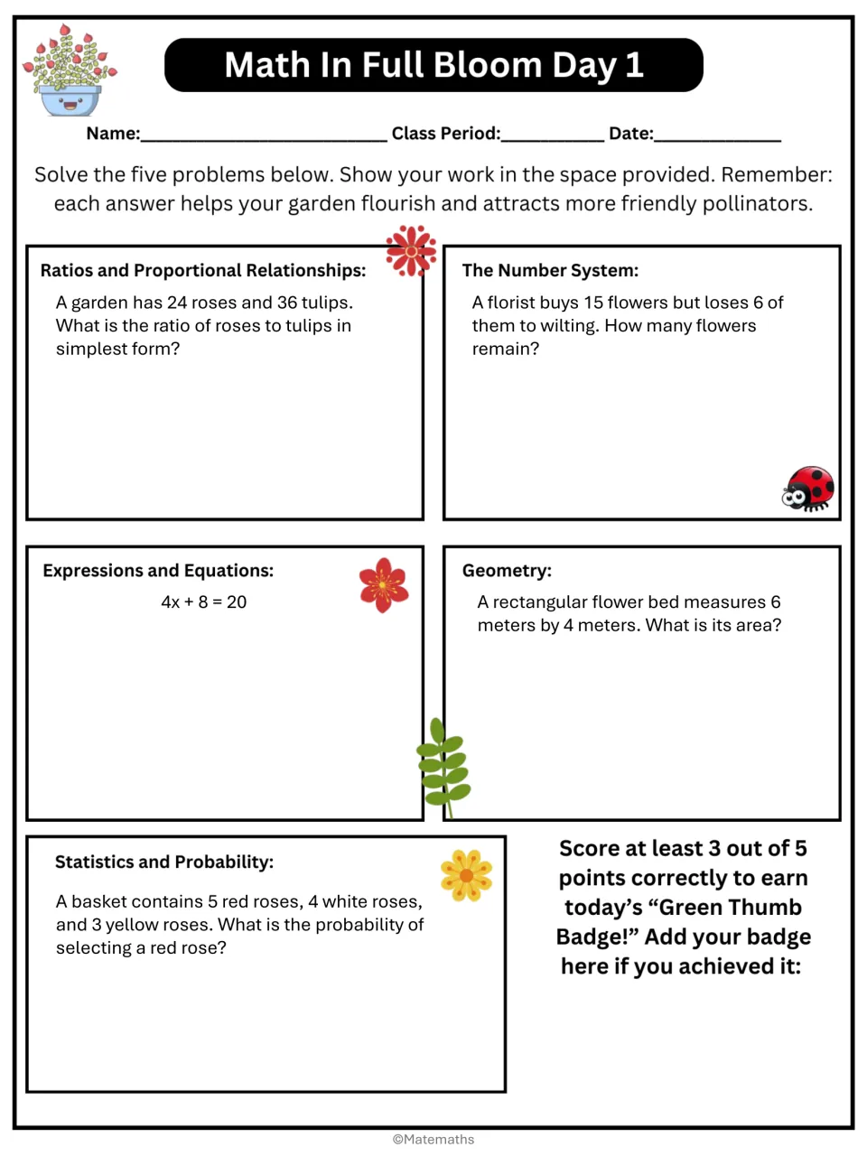 Math In Full Bloom Day 1: students solve a rose-to-tulip ratio, 4x + 8 = 20, flower bed area and a rose probability