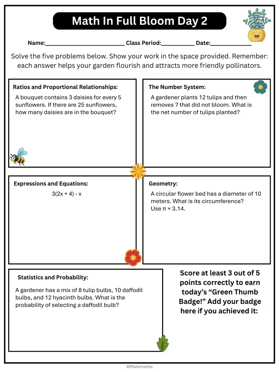Day 2 review: students find daisies from a 3:5 ratio, simplify 3(2x + 4) - x and a circular bed's circumference