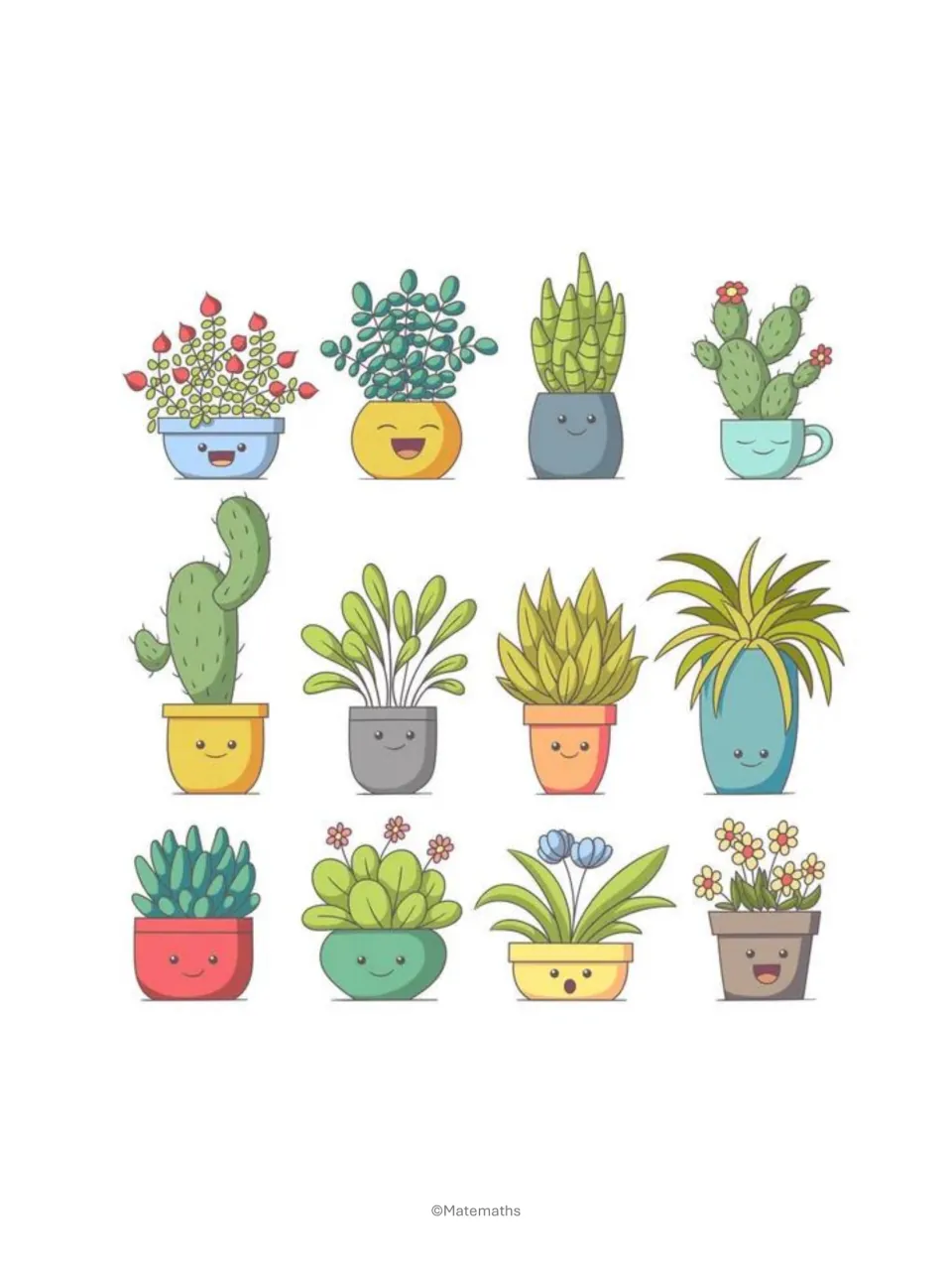 Printable badge art: 12 smiling potted plants, including cacti, succulents and flowering pots, to cut out as daily badges