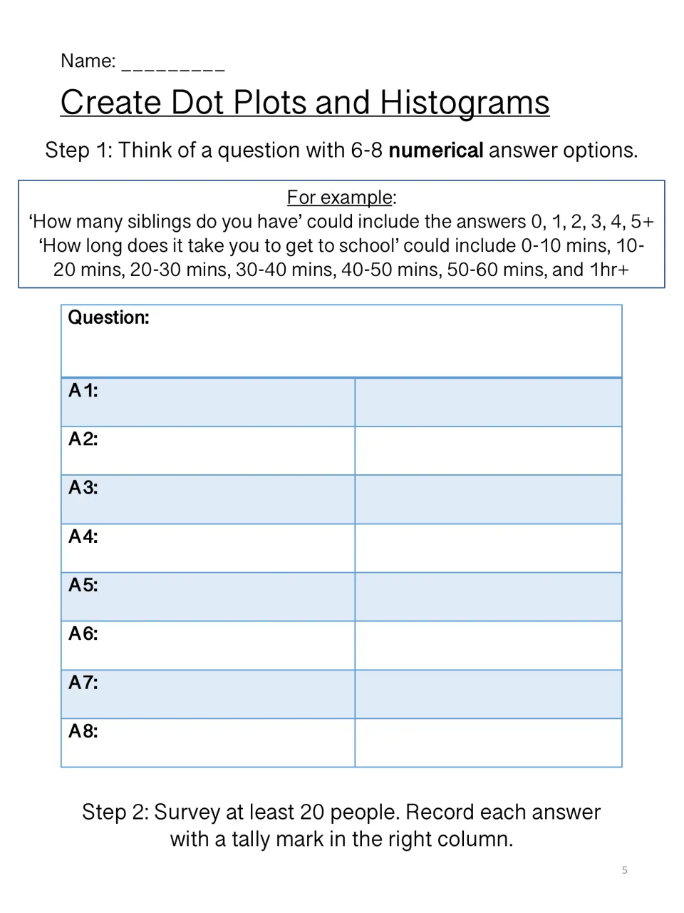 Dot plots and histograms steps 1-2: students write a question with 6-8 numerical answers and tally a survey of 20 people