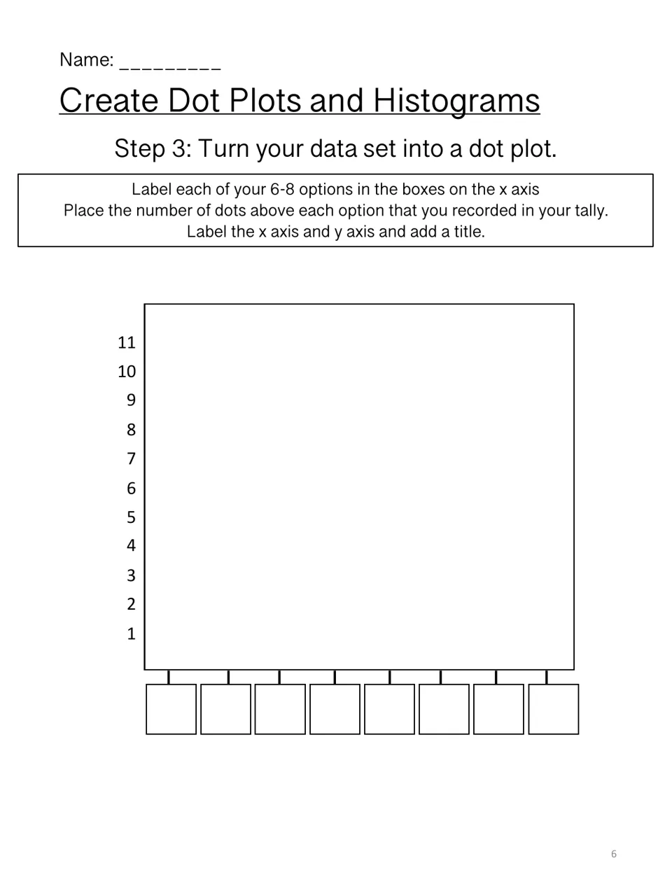 Dot plot step 3: students label 6-8 answer options on the x axis and plot dots from their survey tally, then add a title
