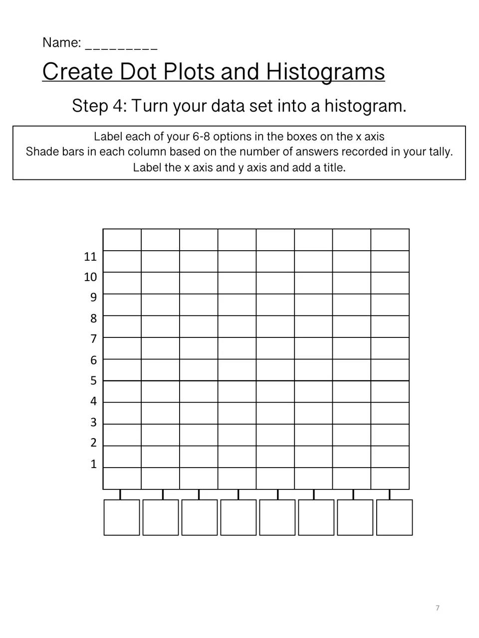 Histogram step 4: students label the x axis and shade bars to show their survey tally, then label both axes and add a title