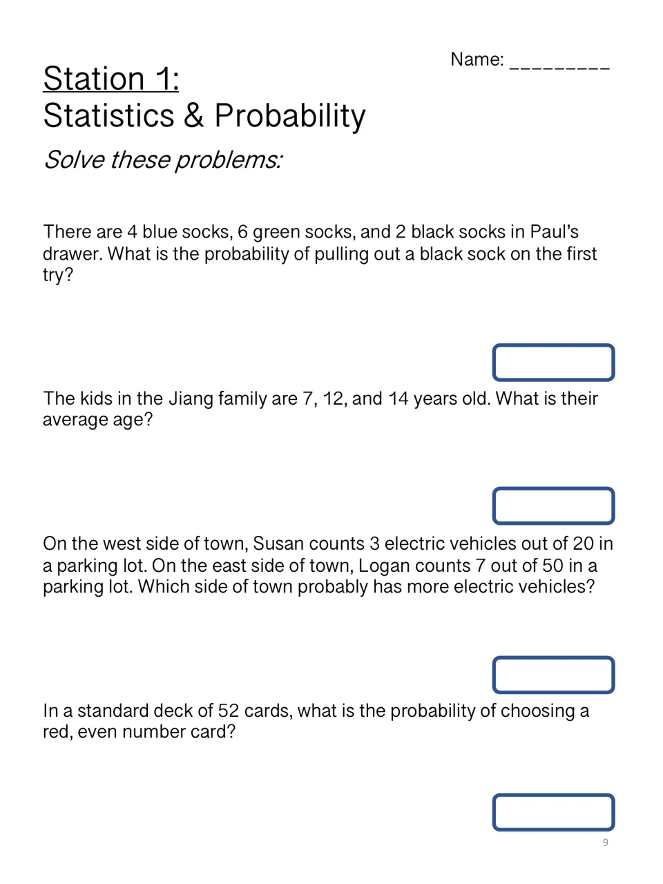 Station 1 probability and averages: students solve 4 word problems on socks, mean age, electric cars and a deck of cards