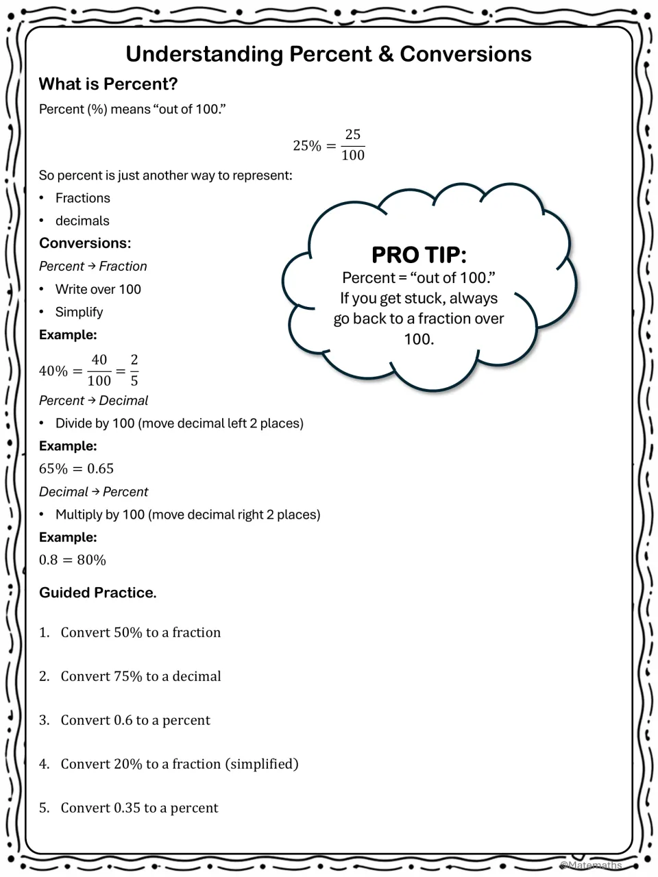 Percent conversion notes explain 'out of 100,' show fraction and decimal examples, and include problems 1–5