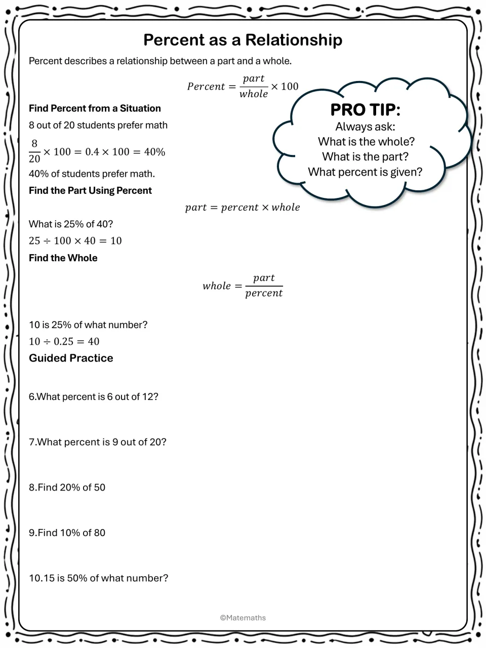 Part, whole, and percent notes show how to find each value, with worked examples and guided practice 6–10